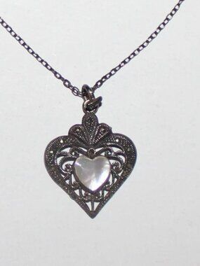 Vintage 925 Sterling Silver Marcasite Heart Necklace Iridescent Mother of Pearl